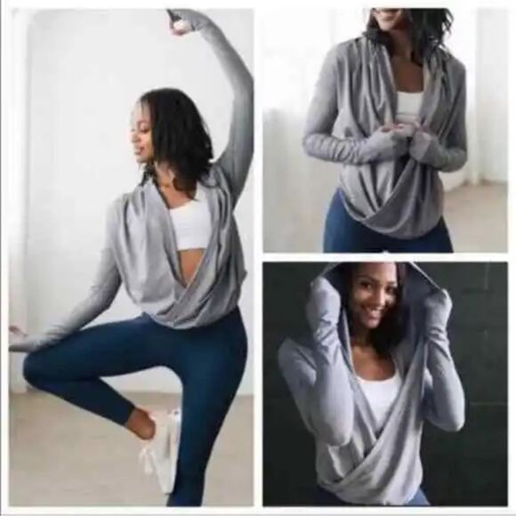 ZYIA Tops - Zyia Active Haze Grey Twist Front Pullover Yoga Shawl Size Small